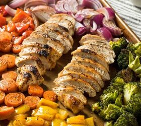 sheet pan chicken and veggies recipe healthy sheet pan meal, Close up image of Sheet Pan Chicken and Veggies with sliced chicken