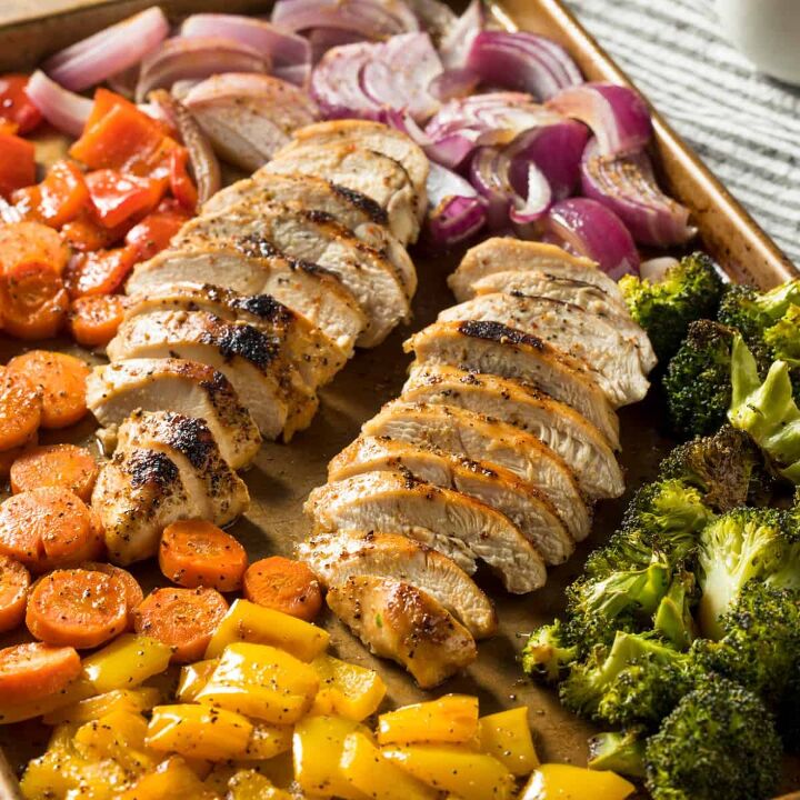 sheet pan chicken and veggies recipe healthy sheet pan meal, Close up image of Sheet Pan Chicken and Veggies with sliced chicken
