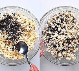 cookies and cream popcorn, Sprinkling crushed Oreos over candy coated popcorn and mixing