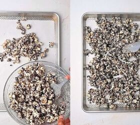 cookies and cream popcorn, Spreading candy coated popcorn on a parchment lined baking sheet