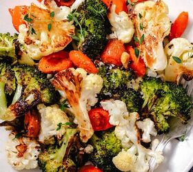 marinated chuck steak, roasted cauliflower broccoli and carrots