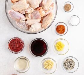 easy slow cooker korean chicken wings recipe, Chicken wings in a bowl surrounded by various ingredients