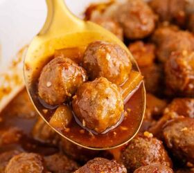 memorial day recipes, Memorial Day Recipes Sweet and Sour Meatballs being Spooned out of a Crockpot