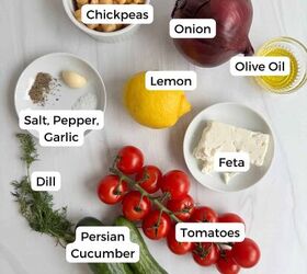 chickpea cucumber feta salad, Ingredients include chickpeas onion olive oil lemon feta tomatoes persian cucumber dill salt pepper and garlic