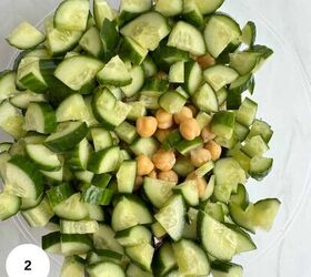 chickpea cucumber feta salad, Adding the cucumber chickpeas and tomatoes to a clear bowl