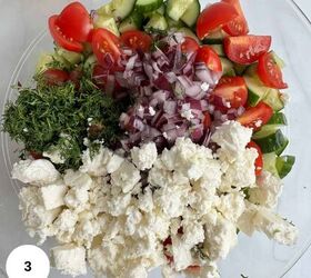 chickpea cucumber feta salad, Adding the rest of the vegetables to the bowl