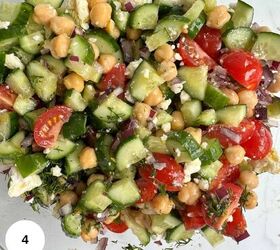 chickpea cucumber feta salad, Mixing the dressing into the vegetables