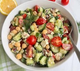chickpea cucumber feta salad, Chickpea Cucumber Feta Salad in a white bowl with a spoon