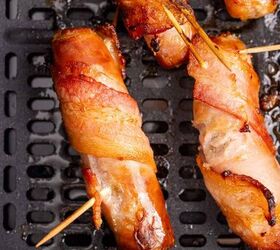 bacon wrapped sausage in air fryer, Bacon Wrapped Sausage cooked in Air Fryer close up