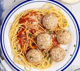bacon wrapped sausage in air fryer, Chicken Ricotta Meatballs on a Plate of Spaghetti