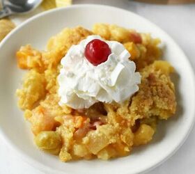 What do you get when you mix canned fruit cocktail and yellow cake mix? The best darn fruit cocktail dump cake EVER