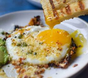 These parmesan chili crisp fried eggs are a little spicy, a little cheesy, and oh so crunchy