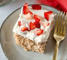 This strawberry-flavored version of tres leches cake uses a box cake mix and is delicious!