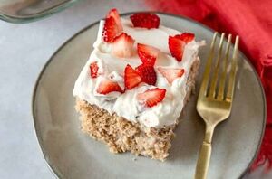 This strawberry-flavored version of tres leches cake uses a box cake mix and is delicious!