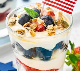 summer berry ricotta parfait easy 4th of july dessert, Close up of summer berries ricotta parfait with blueberries strawberries granola and mint with a red white and blue theme