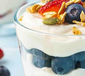 summer berry ricotta parfait easy 4th of july dessert, Close up of ricotta parfait served in a mason jar topped with berries and mint