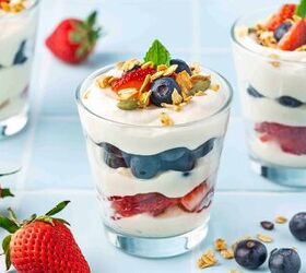 summer berry ricotta parfait easy 4th of july dessert, Close up of ricotta parfait with fresh strawberries blueberries and a mint garnish