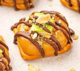 high protein banana split yogurt recipe for breakfast, Close up of caramel apple pretzel bite with chocolate drizzle and peanuts