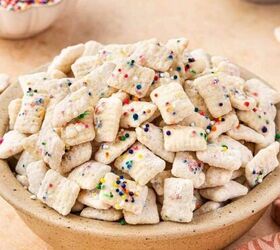 high protein banana split yogurt recipe for breakfast, A fun bowl of Cake Batter Puppy Chow topped with vibrant rainbow sprinkles