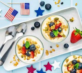 summer berry ricotta parfait easy 4th of july dessert, Top angle shot of a summer berries ricotta parfait with strawberries blueberries and mint