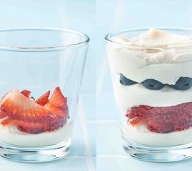 summer berry ricotta parfait easy 4th of july dessert, Layering ricotta mixture with strawberries and blueberries in a glass