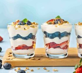 summer berry ricotta parfait easy 4th of july dessert, Side angle shot of ricotta parfait with blueberries strawberries and granola