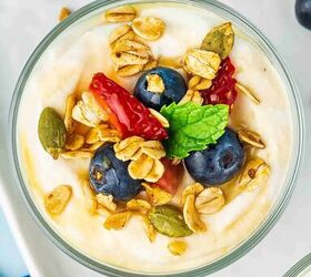 summer berry ricotta parfait easy 4th of july dessert, Top angle of summer berry ricotta parfait served in a clear glass