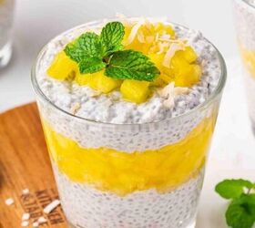 high protein banana split yogurt recipe for breakfast, Three neatly layered pineapple chia pudding cups with pineapple pieces and coconut on top