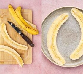 high protein banana split yogurt recipe for breakfast, Sliced bananas placed in shallow bowls ready to be topped with yogurt and fruit