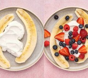 high protein banana split yogurt recipe for breakfast, Greek yogurt scooped over banana halves topped with fresh raspberries blueberries and strawberries