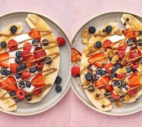 high protein banana split yogurt recipe for breakfast, Drizzling almond butter and maple syrup over the yogurt banana split topped with granola and chocolate chips