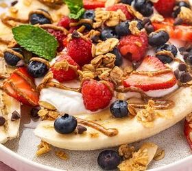 high protein banana split yogurt recipe for breakfast, Close up of a yogurt banana split with crunchy granola chia seeds and a swirl of almond butter