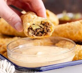 big mac egg rolls, Big Mac Egg Rolls over bowl of sauce