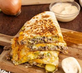 big mac quesadilla, Big Mac Quesadillas Stacked on a Cutting Board