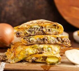 big mac quesadilla, Big Mac Quesadillas Stacked on a Cutting Board