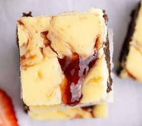 big mac quesadilla, Strawberry Cheesecake Brownies Stacked from Above Close Up