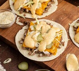 big mac tacos, Big Mac Tacos on a cutting board with sesame seeds