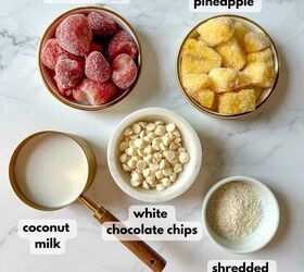 bahama mama smoothie tropical smoothie cafe copycat, Frozen strawberries and pineapples in small bowls with coconut milk in a measuring cup and bowls of white chocolate and shredded coconut