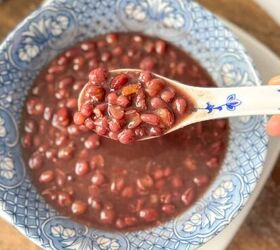 easy red bean soup instant pot recipe you must try, Close up of warm red bean soup in a pretty blue and white color bowl