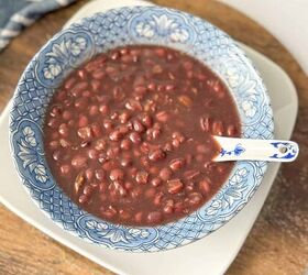 easy red bean soup instant pot recipe you must try, Close up of warm red bean soup in a pretty blue and white bowl