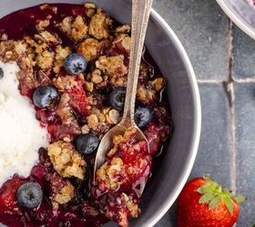 mixed berry crisp with frozen berries, Mixed Berry Crisp with Frozen Berries in a bowl with a spoon