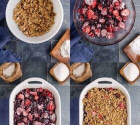 mixed berry crisp with frozen berries, Mixed Berry Crisp with Frozen Berries being made in a bowl and casserole dish