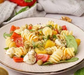 vegan pasta salad recipe quick and easy summer side dish, Close up image of Vegan Pasta Salad on a decorative plate