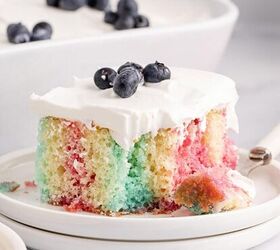 cherry cheesecake pie, Red White and Blue Poke Cake slice on a plate with a fork