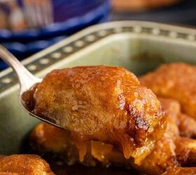 apple dumplings using crescent rolls, Apple Dumplings using Crescent Rolls Baked being scooped out of dish