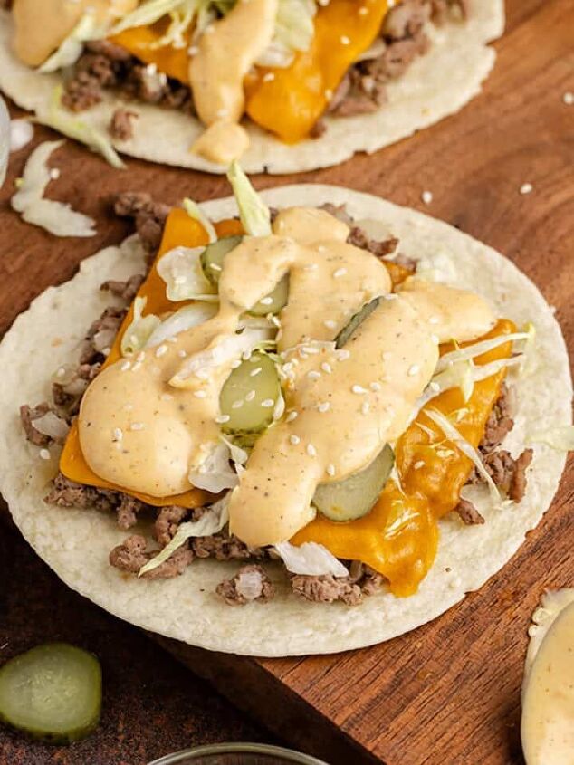 apple coffee cake recipe, Big Mac Tacos on a cutting board