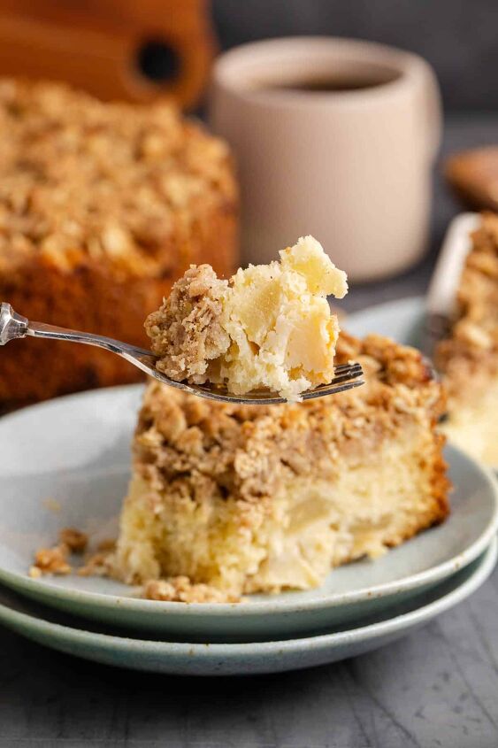 apple coffee cake recipe, Apple Coffee Cake with a close up bite on a fork