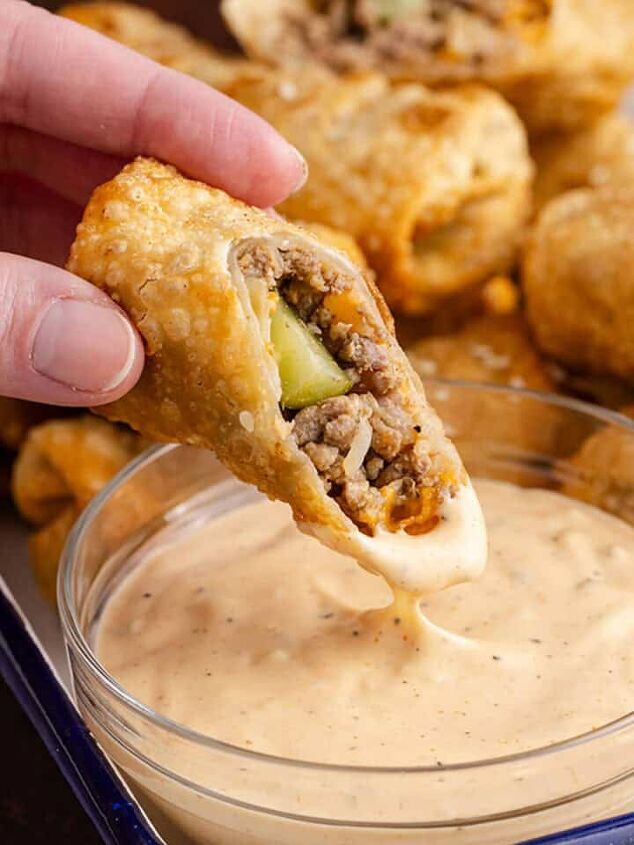 apple coffee cake recipe, Big Mac Egg Rolls being dipped in sauce