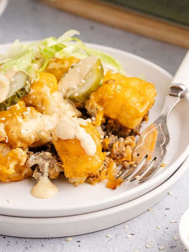 apple coffee cake recipe, Big Mac Tater Tot Casserole on a plate
