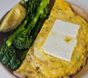 feta spring onion omelette with tenderstem broccoli avocado